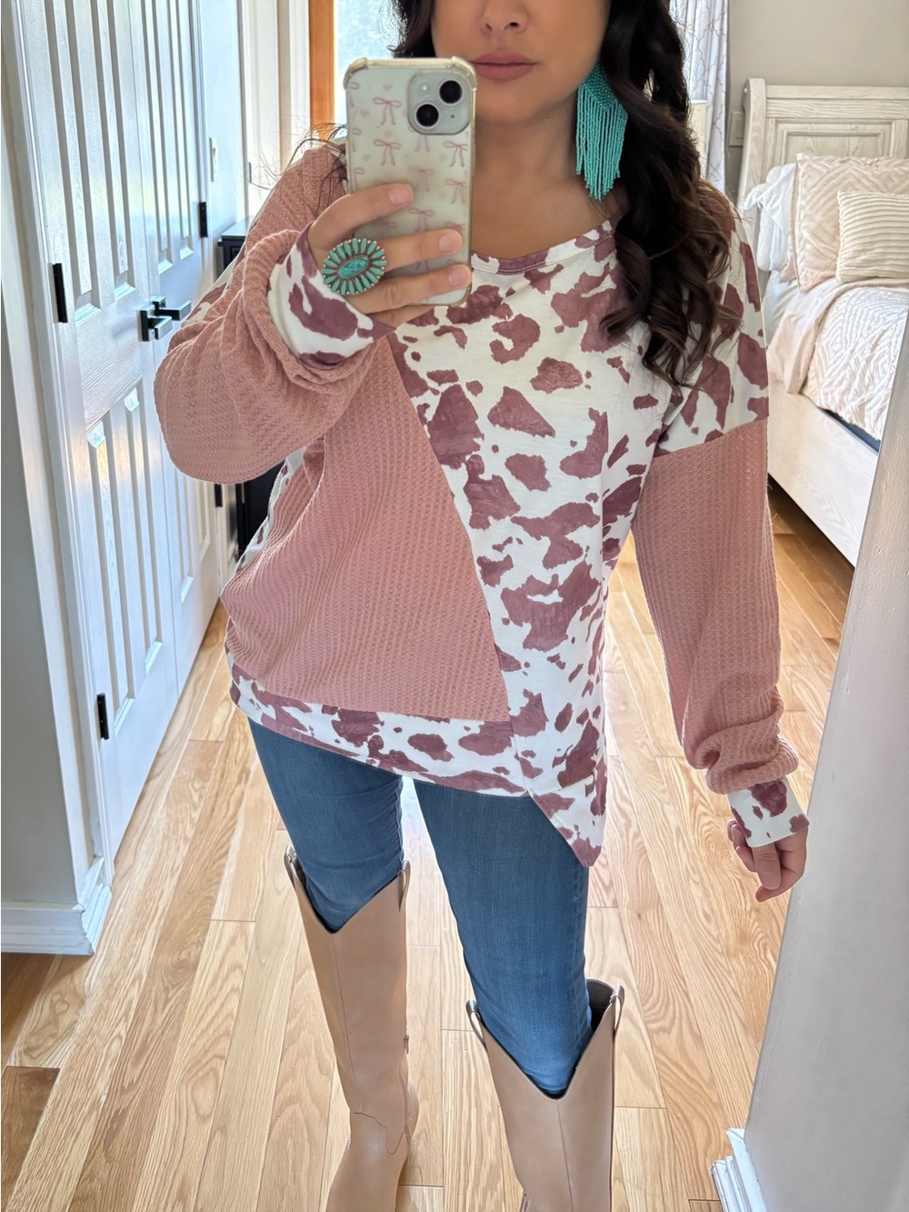 Western color block cow print thermal